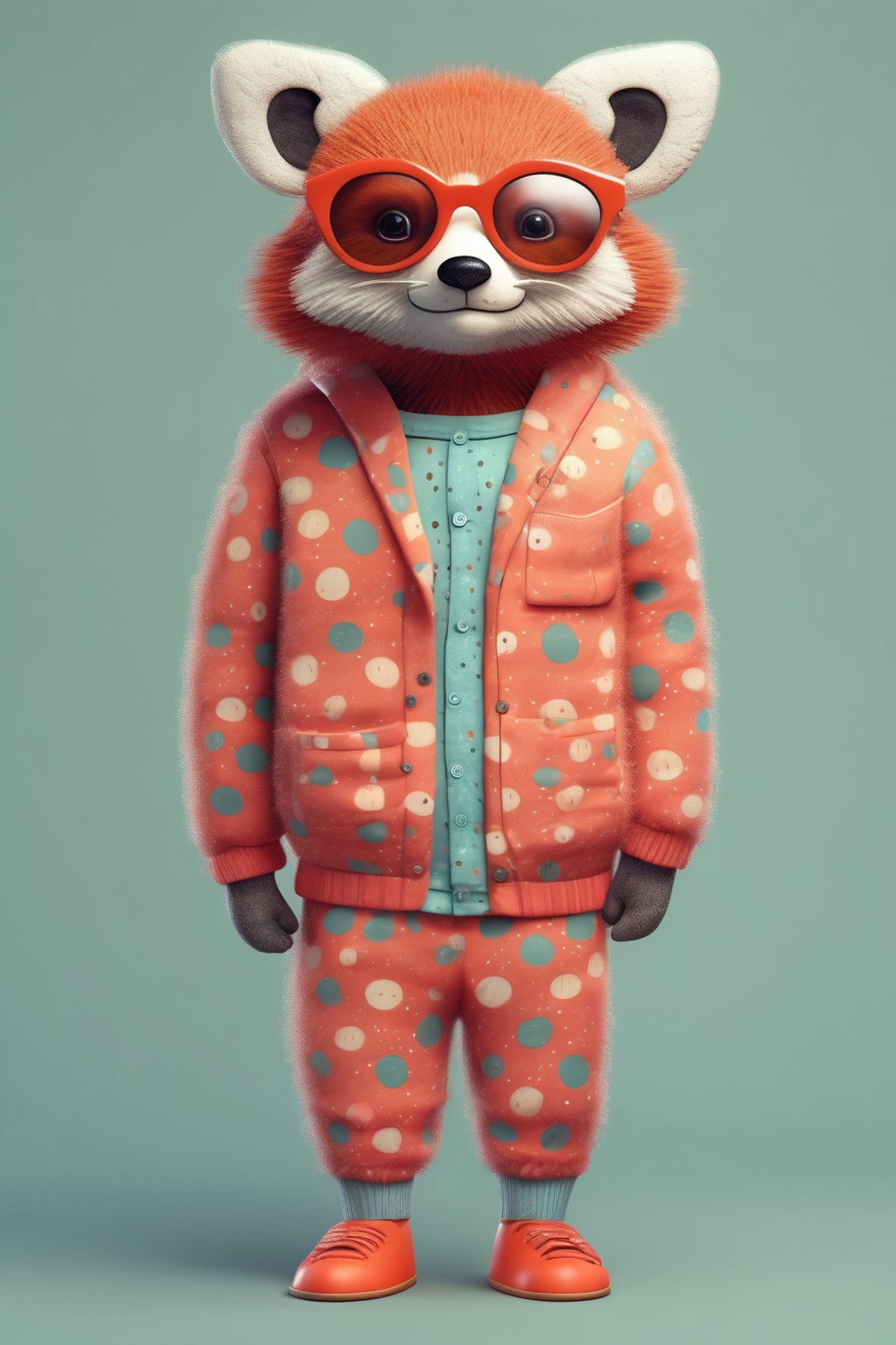 <lora:Dressed animals:1>Dressed animals - [Anthropomorphic Hairy Red panda Bear with retro glasses and dot pijamas
